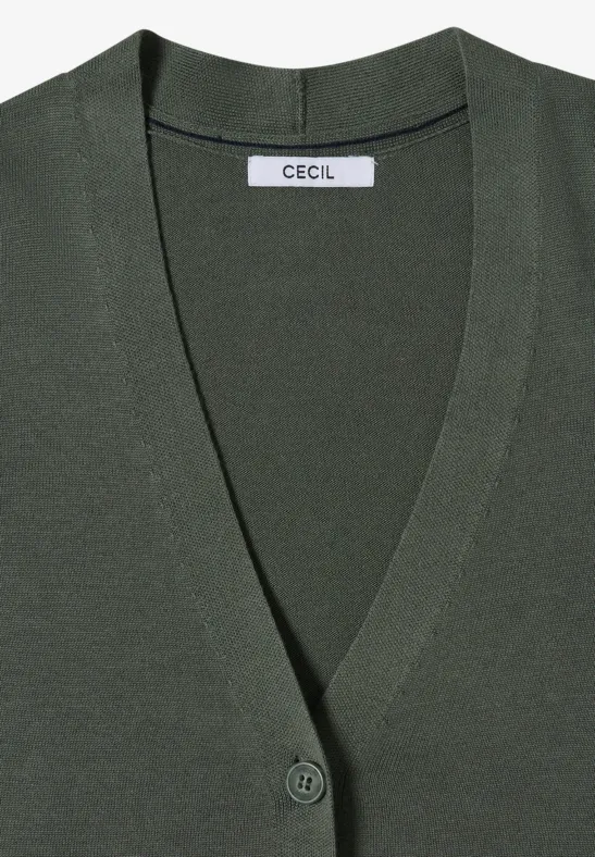 Donkergroene gebreide cardigan met V-hals, één knoop en 'CECIL' label in de kraag