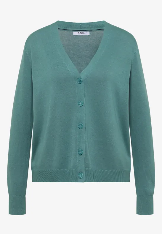 Damen-Strickjacke in sanftem Grün mit V-Ausschnitt und Knopfleiste