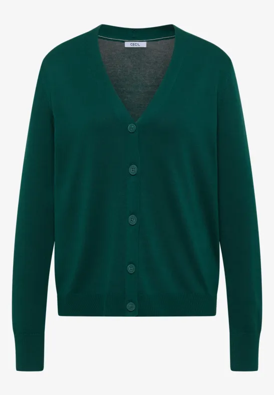 Dunkelgrüne V-Ausschnitt-Strickjacke mit Knöpfen und langen Ärmeln.