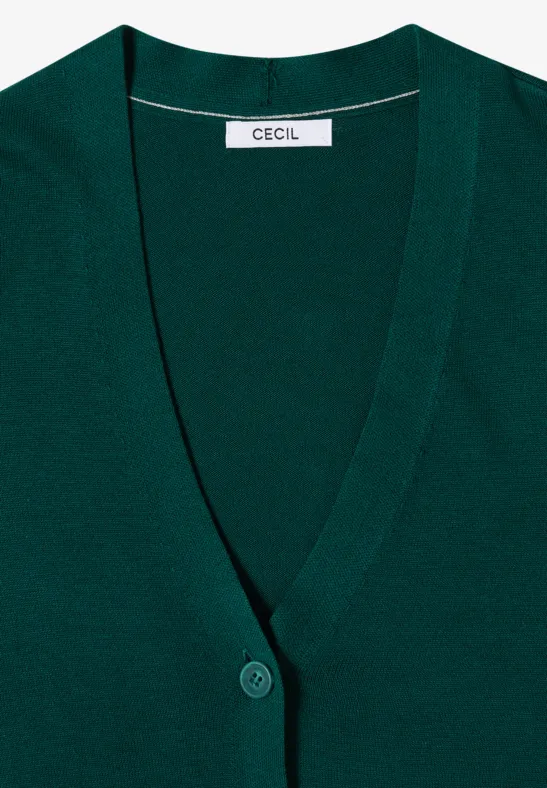 Ein dunkelgrüner Cardigan mit V-Ausschnitt, Knopfleiste und schlichtem Design der Marke "CECIL".