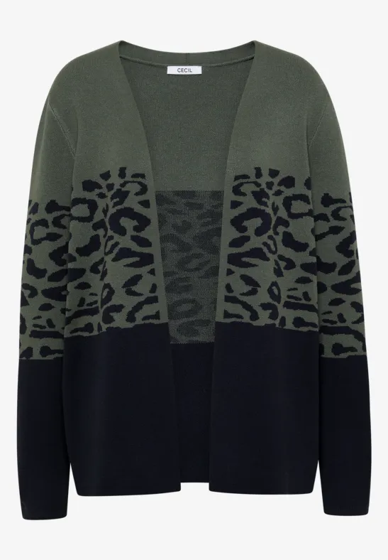Offener Strickcardigan in Olivgrün und Schwarz mit Leoprint in der Mitte
