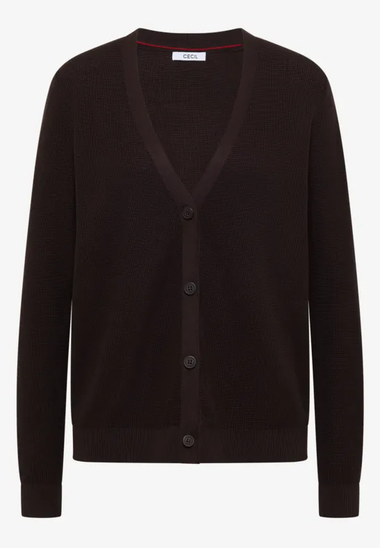 Schwarze Strickjacke mit V-Ausschnitt, langen Ärmeln und Knopfleiste.