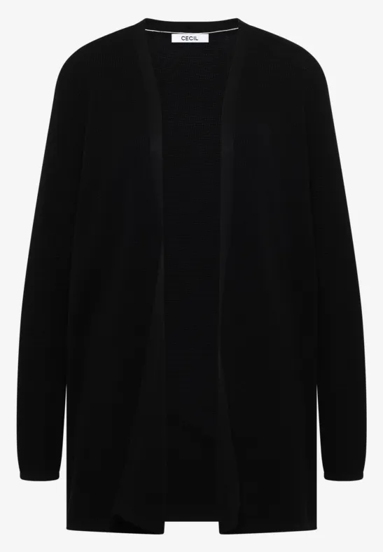 Schwarze, langärmlige Strickjacke mit offenem Schnitt, legerem Fallschnitt und schlichter Optik.
