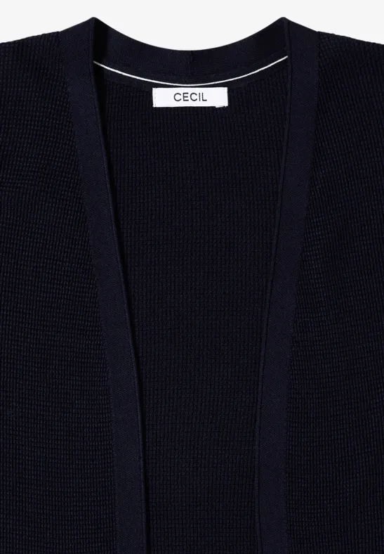 Schwarzer Strickcardigan ohne Verschluss, offen geschnitten mit weißem CECIL-Label am Nacken