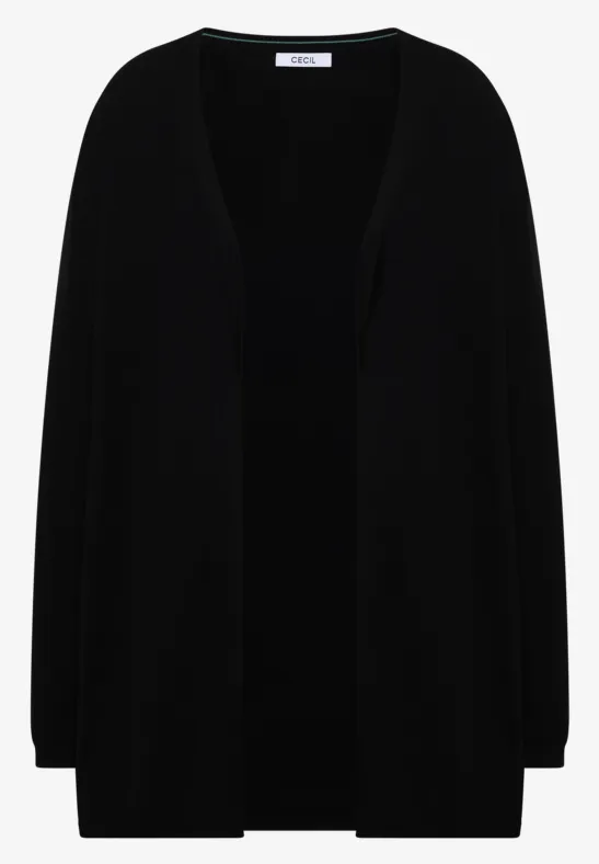 Schwarze offene Strickjacke mit langen Ärmeln und V-Ausschnitt.