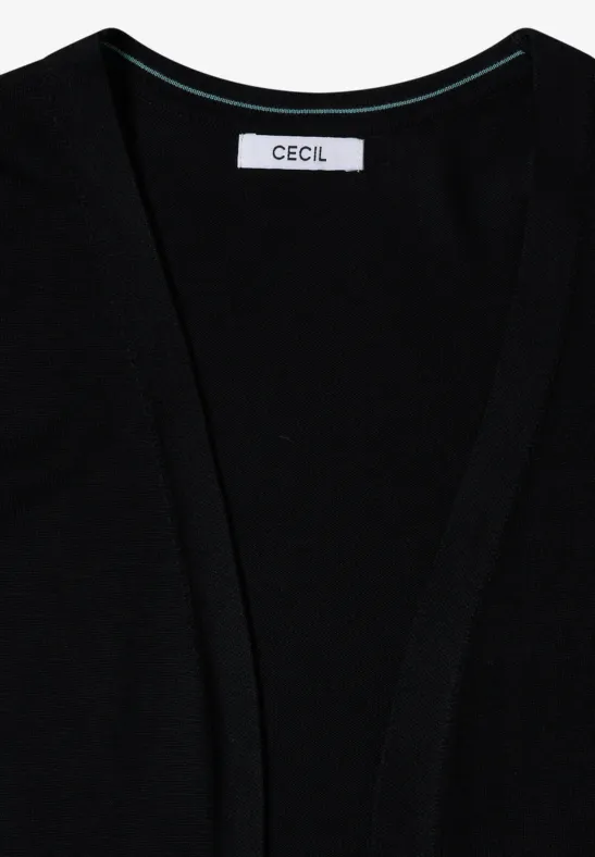 Schwarze CECIL-Strickjacke mit offenem Schnitt und V-Ausschnitt.