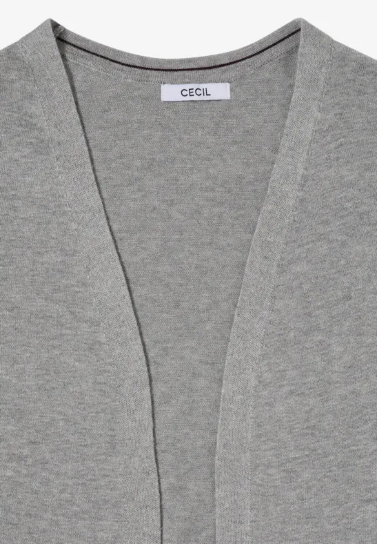 Graue, offene Strickjacke mit V-Ausschnitt und Label 'CECIL'.