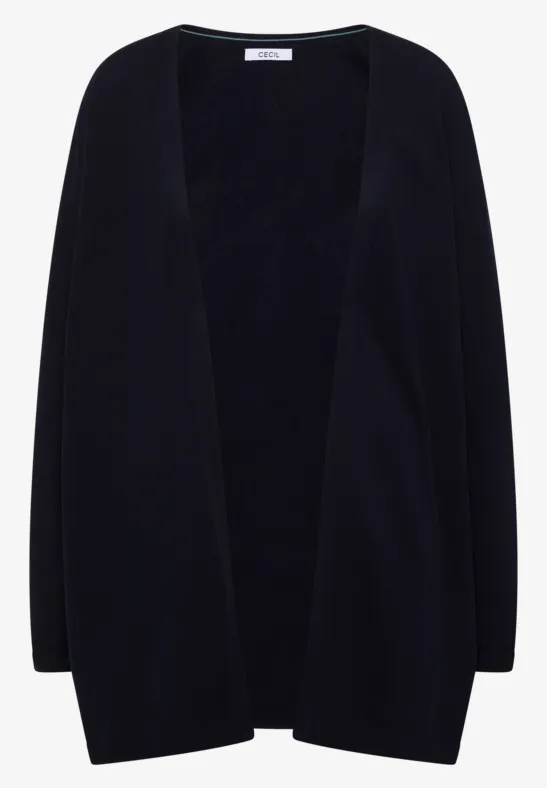 Schwarze, offene Strickjacke mit langen Ärmeln und schlichtem, zeitlosem Design.