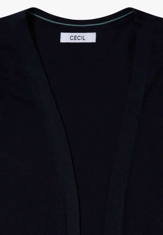 Schwarze Strickjacke mit offenem Schnitt und CECIL-Label im Nacken.