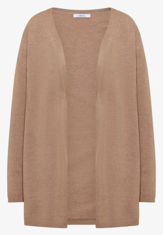 Brauner, offener Strick-Cardigan mit langem Schnitt und lockerem Sitz.