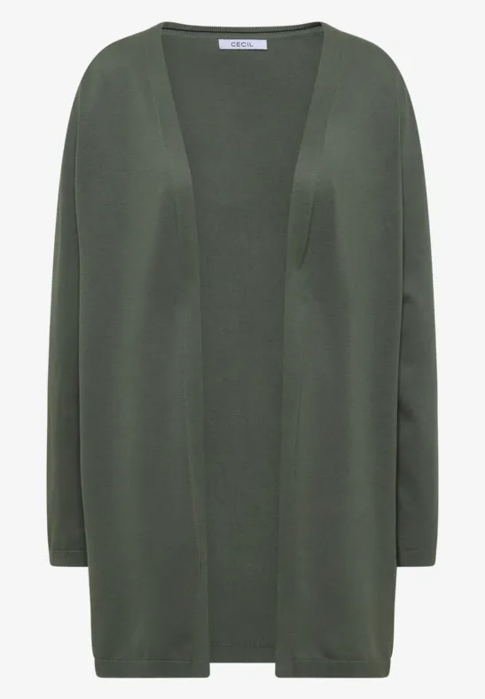 Dunkelgrüne, offene Strickjacke mit langem Schnitt und langen Ärmeln.