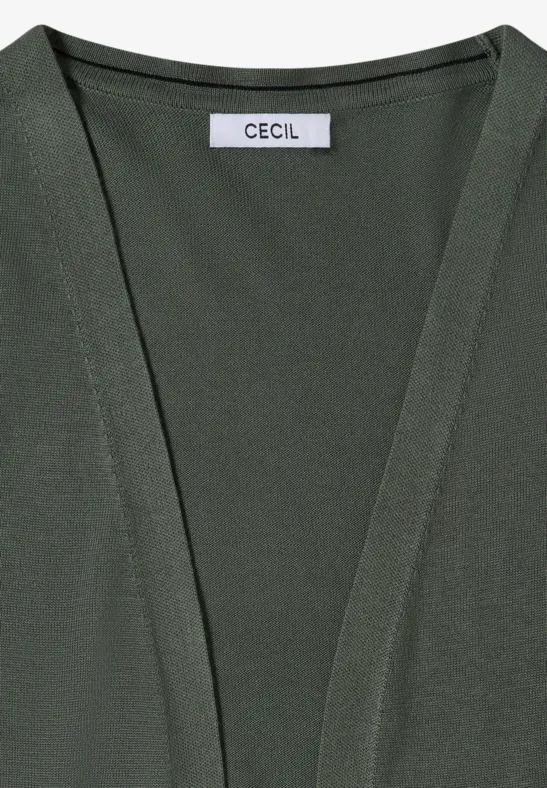Dunkelgrüne, offene Damenstrickjacke mit V-Ausschnitt und CECIL-Label am Kragen.