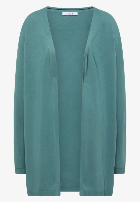 Locker fallende, offene Strickjacke in petrolblau