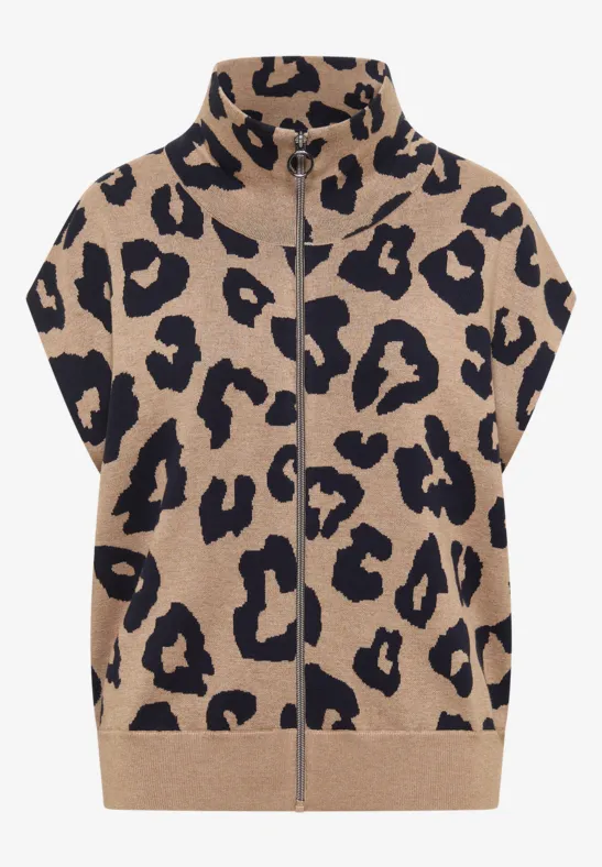 Ärmellose Jacke mit durchgehendem Reißverschluss und Leopardenmuster in Beige und Schwarz.