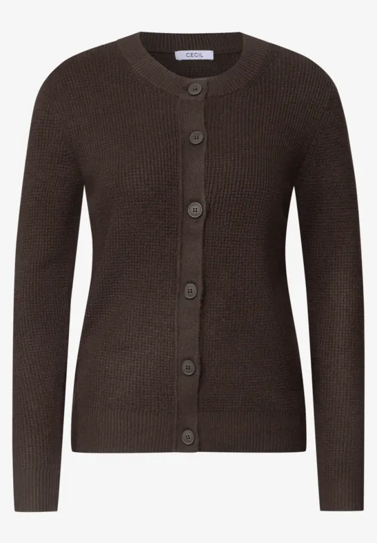 Braune, knöpfbare Strickjacke mit Rundhalsausschnitt und langen Ärmeln