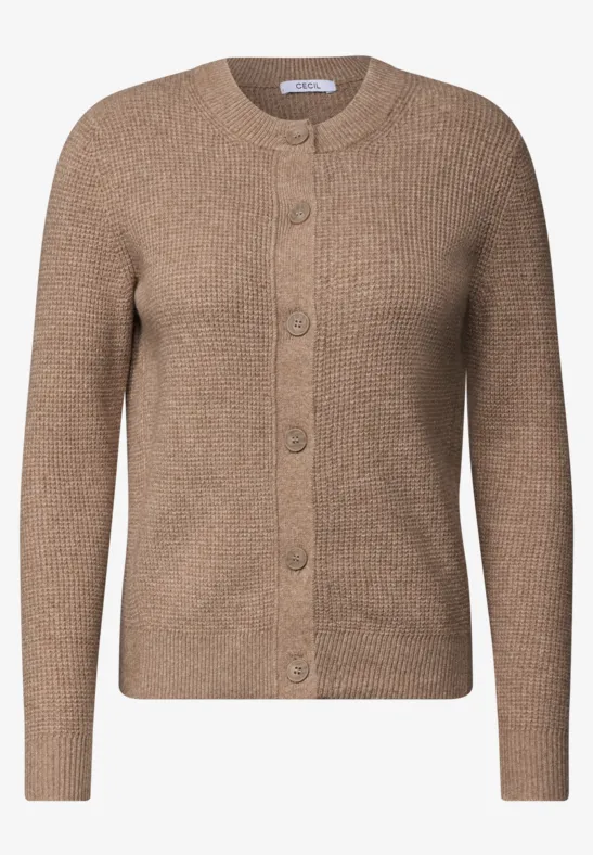 Brauner Strickcardigan mit Rundhals, durchgehender Knopfleiste und langen Ärmeln.