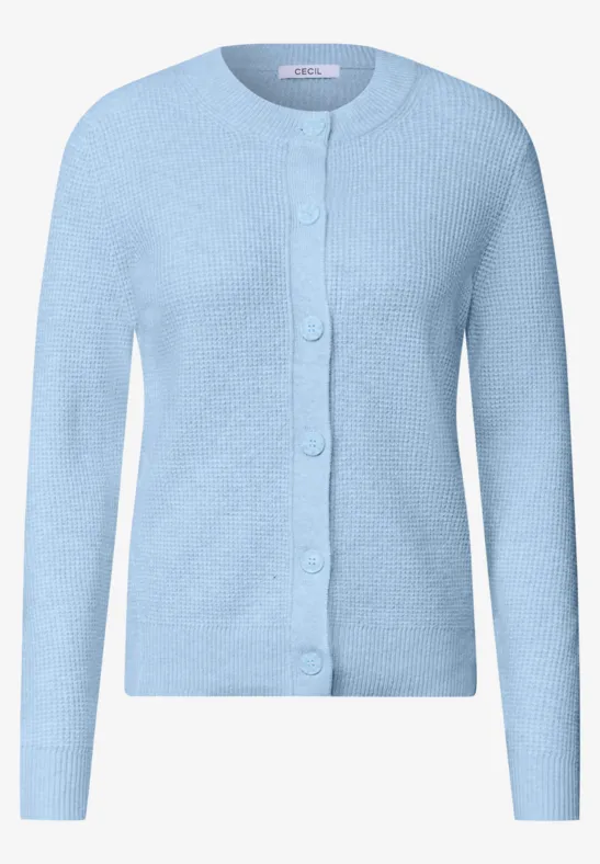 Helle hellblaue Damen-Strickjacke mit Knopfleiste, Rundhalsausschnitt und langen Ärmeln.