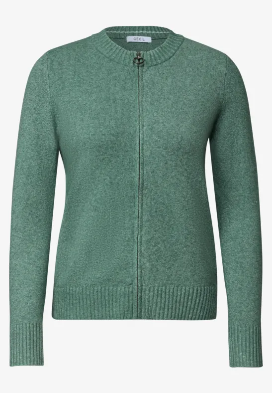 Grüne Strickjacke mit durchgehendem Reißverschluss, Rippbündchen an Ärmeln und Saum.
