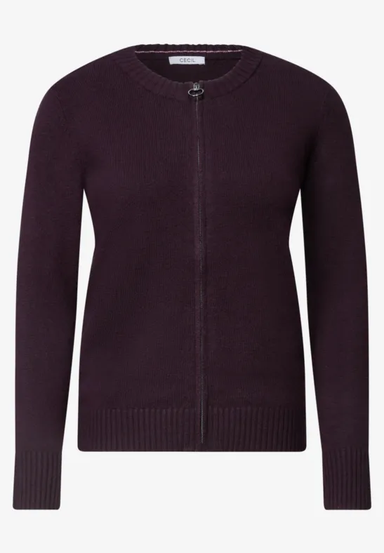 Dunkellila Strick-Cardigan mit Reißverschluss, Rundhals, langärmelig und geripptem Saum und Bündchen.