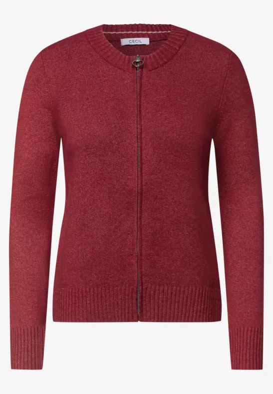 Roter, langer Strickcardigan mit durchgehendem Reißverschluss und Rundhalsausschnitt.