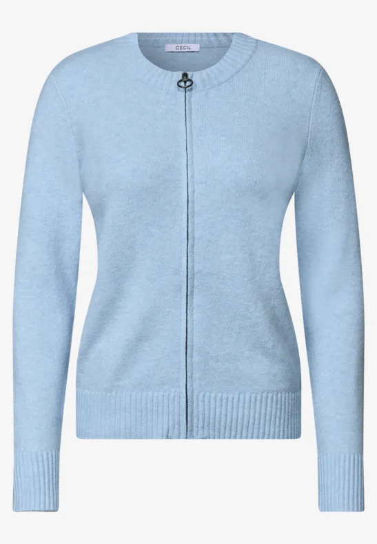 Hellblauer Cardigan mit Reißverschluss, Rundhalsausschnitt und langen Ärmeln.