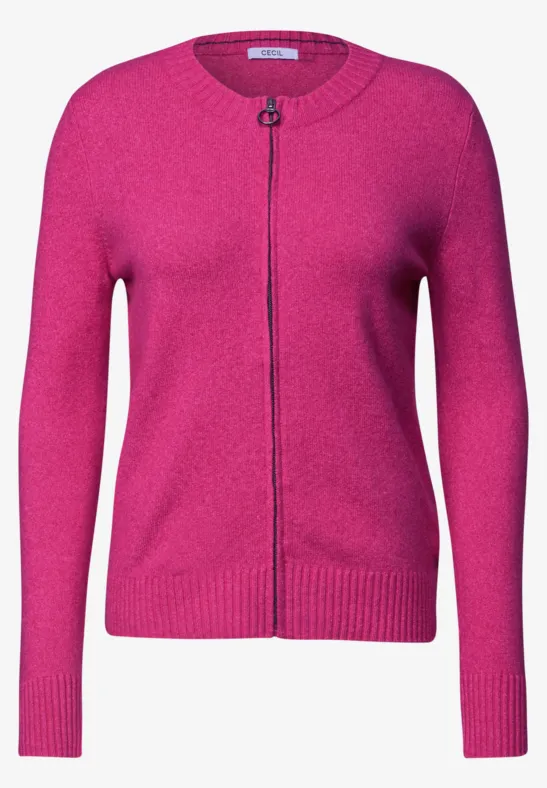 Fuchsiafarbener Damen-Cardigan mit Rundhalsausschnitt und Reißverschluss vorn