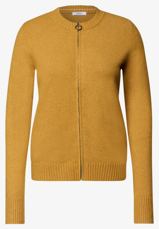 Senfgelbe Strickjacke mit durchgehendem Reißverschluss, Rundausschnitt und gerippten Abschlüssen.