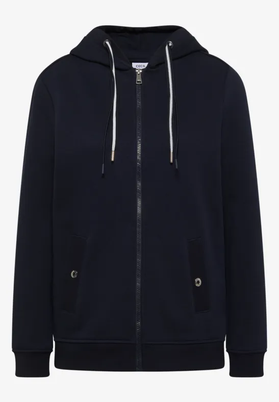 Dunkelblaue Kapuzenjacke mit Reißverschluss, Kängurutaschen und Kordelzug