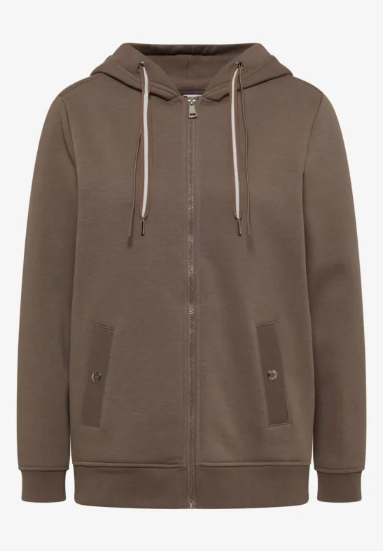 Braune Kapuzenjacke mit Reißverschluss, seitlichen Taschen und Kordelzug, sportlich und lässig.