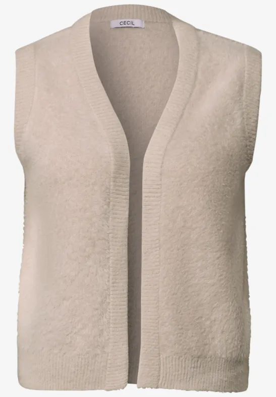 Ärmellose Strickweste in Beige mit offenem Schnitt und V-Ausschnitt.