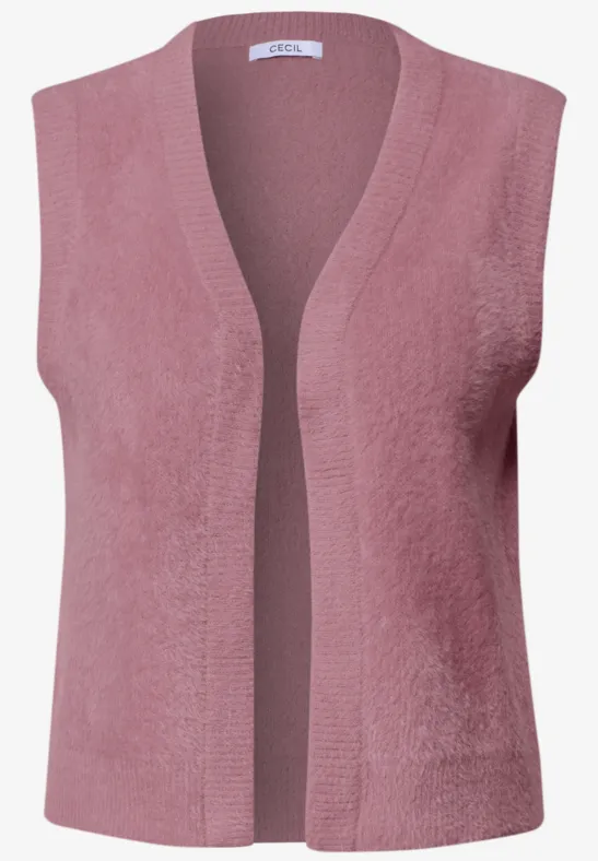 Rosa gestrickte, ärmellose Strickweste mit offenem Vorderteil.