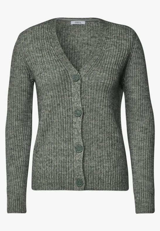 Graugrüne, langärmlige Strick-Cardigan aus Rippstrick mit V-Ausschnitt und Frontknöpfen.