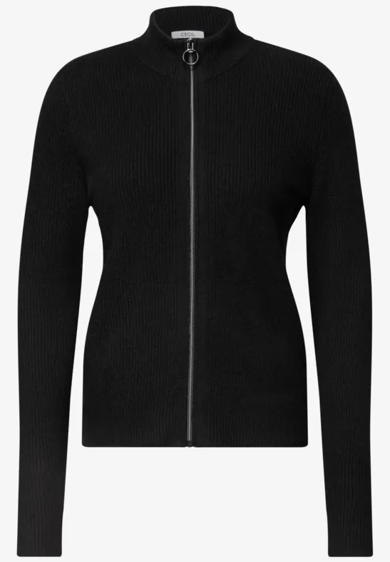 Zwarte, fijn geribbelde cardigan met doorlopende ritssluiting en opstaand kraagje.