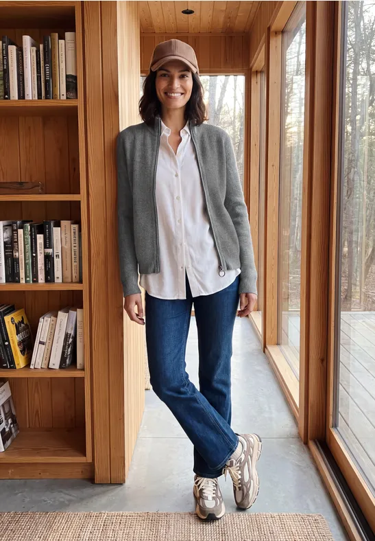 Eine lächelnde Frau in Jeans, weißer Bluse, grauer Strickjacke und Mütze steht in einem Holzraum an einem Bücherregal.