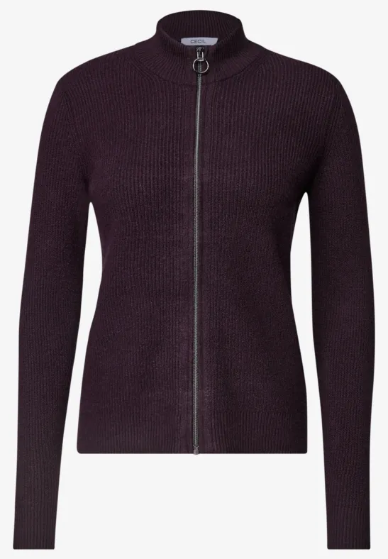Dunkelvioletter, schlichter Damen-Zip-Cardigan aus Rippstrick mit Stehkragen und durchgehendem Reißverschluss.