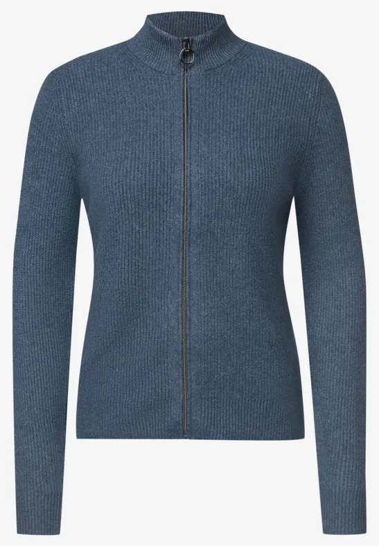 Blauw vest met ritssluiting, opstaande kraag en lange mouwen, fijne breistructuur.