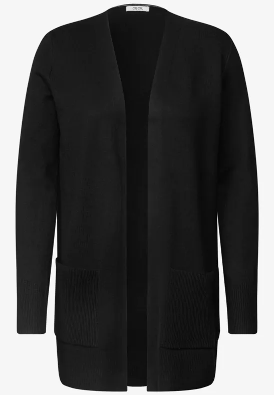 Schwarze, offen geschnittene Strickjacke mit langen Ärmeln und Taschen.
