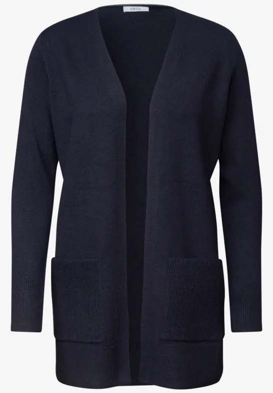 Dunkelblauer, offener Strickcardigan mit langen Ärmeln und zwei aufgesetzten Taschen.