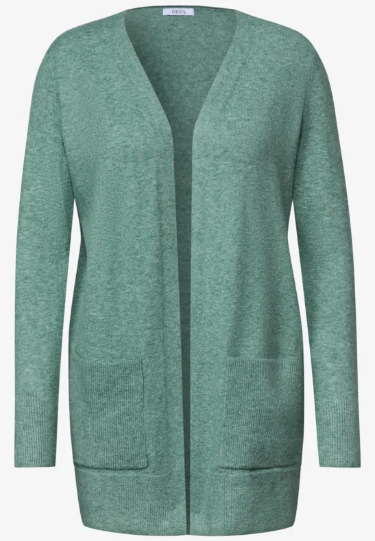 Grüner, offener Strickcardigan mit langen Ärmeln und aufgesetzten Taschen.