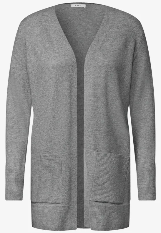 Grau melierter, langärmliger Strick-Cardigan mit offenem Schnitt, V-Ausschnitt und aufgesetzten Taschen.