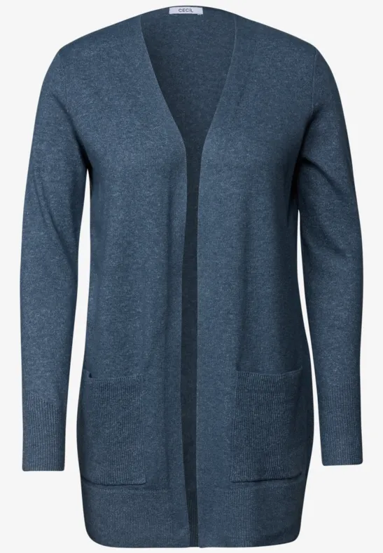 Langer, offener Strickcardigan in Blaugrau mit Taschen und V-Ausschnitt.