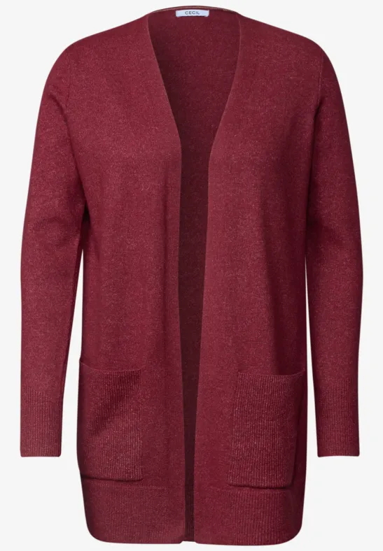 Elegante, offene Damen-Strickjacke in weinrot mit langen Ärmeln und aufgesetzten Fronttaschen.