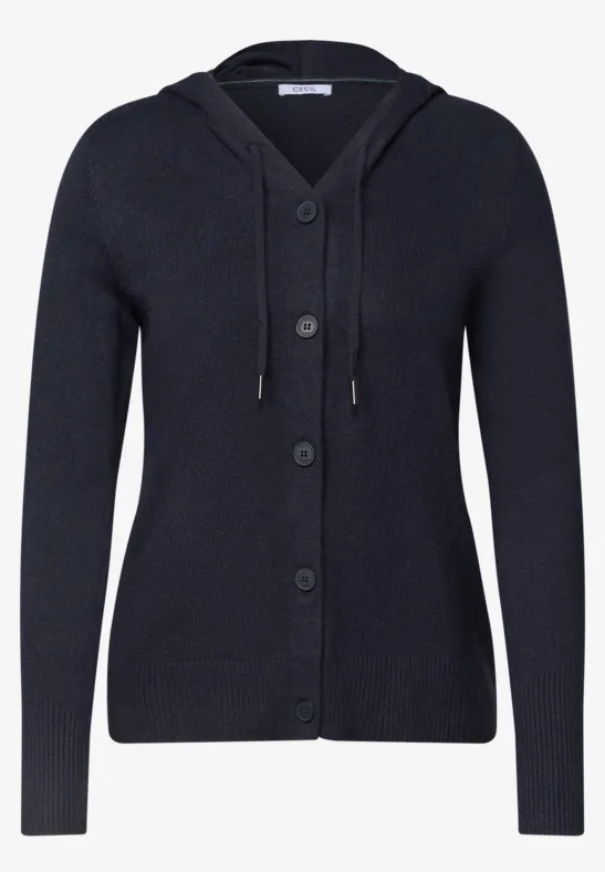 Dunkelblaue Strickjacke mit Knopfleiste und Kapuze.