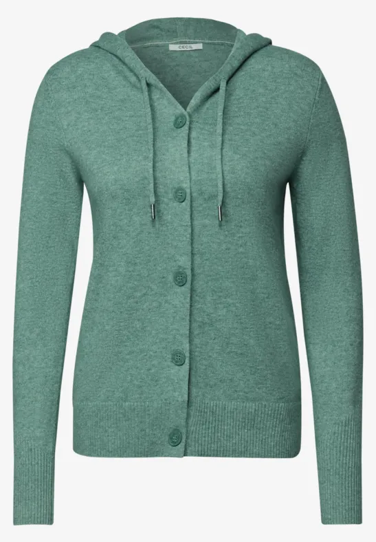 Groene gebreide cardigan met capuchon en knopen, lange mouwen