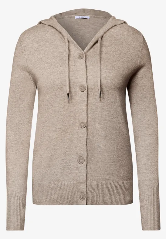 Beiger, langärmliger Strick-Cardigan mit Knöpfen und Kapuze.