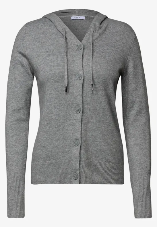 Grijze gebreide cardigan met capuchon en knoopsluiting, lange mouwen.