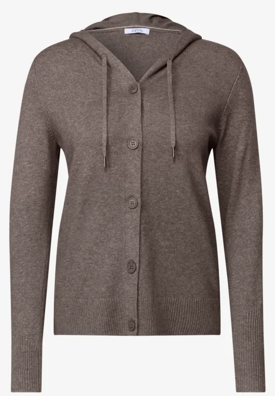 Brauner Kapuzenstrick-Cardigan mit Knopfleiste und langen Ärmeln.