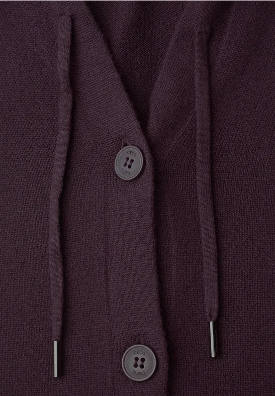 Dunkellila Strickjacke mit Kapuze, Kordelzug und Knopfleiste.