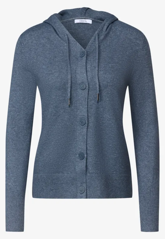 Blau melierter Kapuzen-Cardigan aus Strick mit Knopfleiste und Kordelzug.