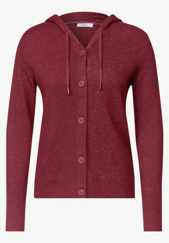 Cardigan rouge à capuche en maille, boutons, poche poitrine et cordon.